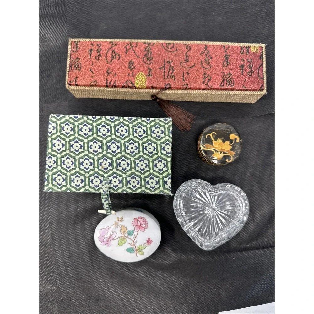 Lot Of 5 Trinket Boxes Glass Heart, Wood Box, Toscany Ceramic, Asian Cloth